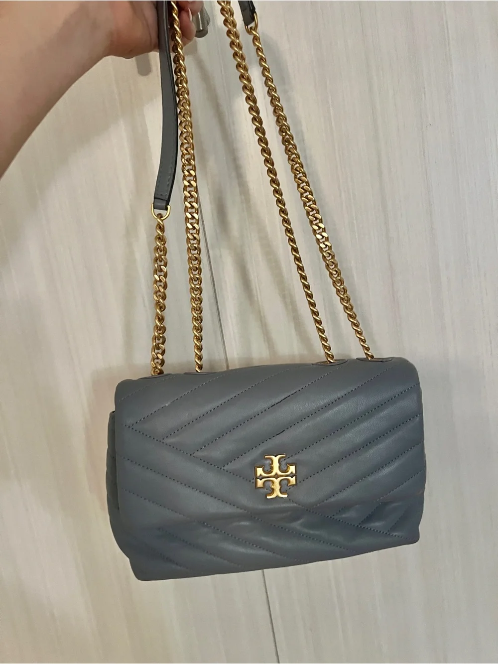 Tory Burch Quilted Light Blue Shoulder Bag with Gold Chain